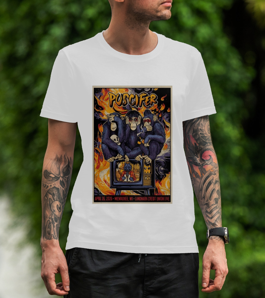 Puscifer April 26 2026 Milwaukee WI Landmark Credit Union Live Monkeys TV Flames T-Shirt