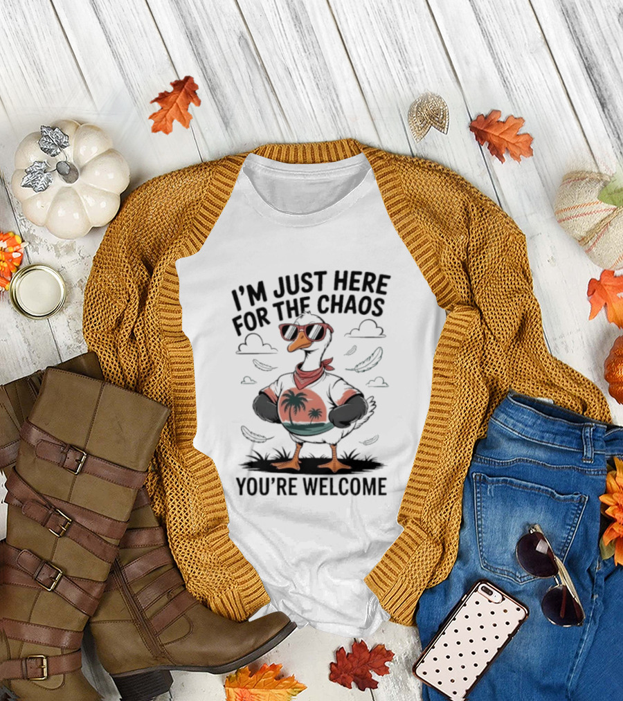 I'm Just Here For The Chaos You're Welcome Tropical Duck in Sunglasses T-Shirt