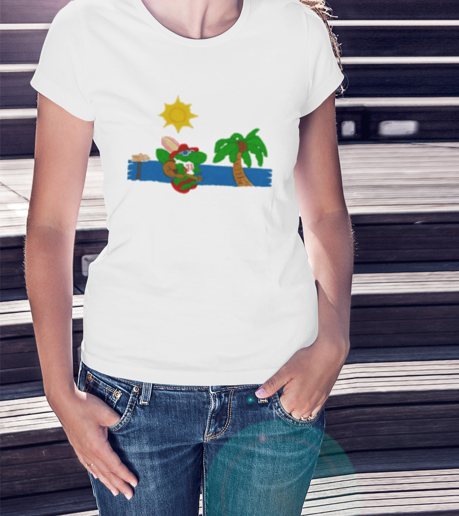 Jimmy Buffett Gator With Guitar By Palm Tree And Sun T-Shirt