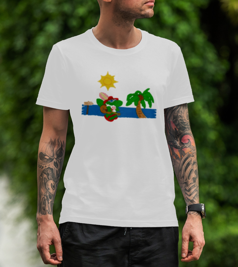 Jimmy Buffett Gator With Guitar By Palm Tree And Sun T-Shirt