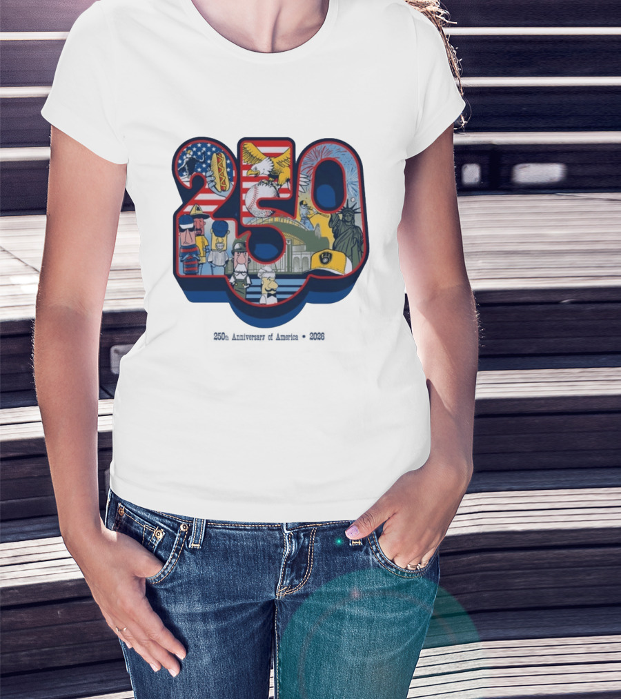 Milwaukee Brewers American Baseball Hotdog Eagle Statue Of Liberty 250th Anniversary Celebration T-Shirt