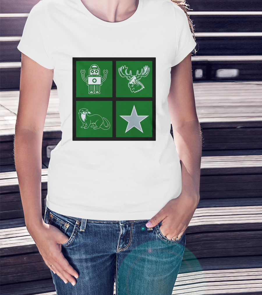 Robot Moose Otter Star Quadrant On Green T-Shirt
