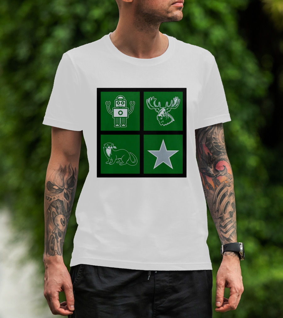 Robot Moose Otter Star Quadrant On Green T-Shirt