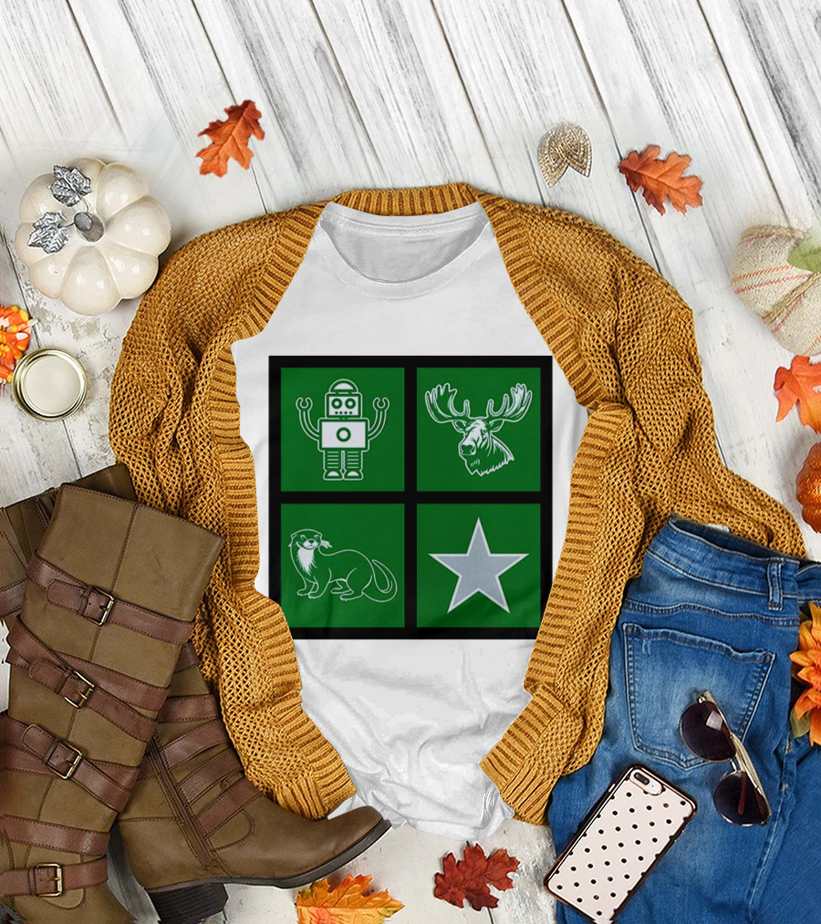 Robot Moose Otter Star Quadrant on Green T-Shirt