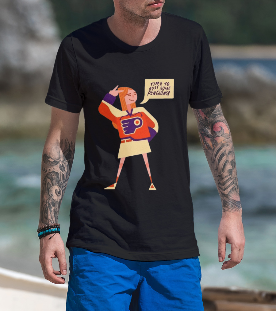 Philadelphia Flyers Time To Bust Some Penguins Retro Cartoon T-Shirt