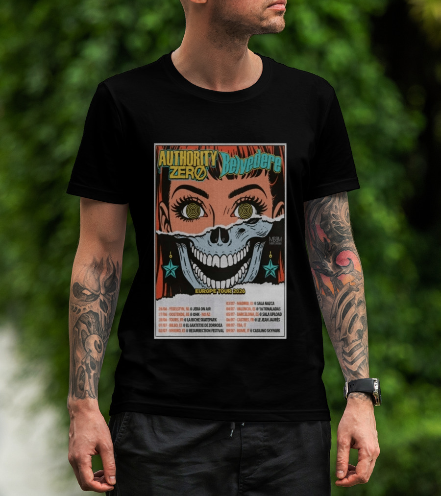 Authority Zero Belvedere Europe Tour 2026 Featuring Futuristic Comic Art Style With Date And Venue List T-Shirt