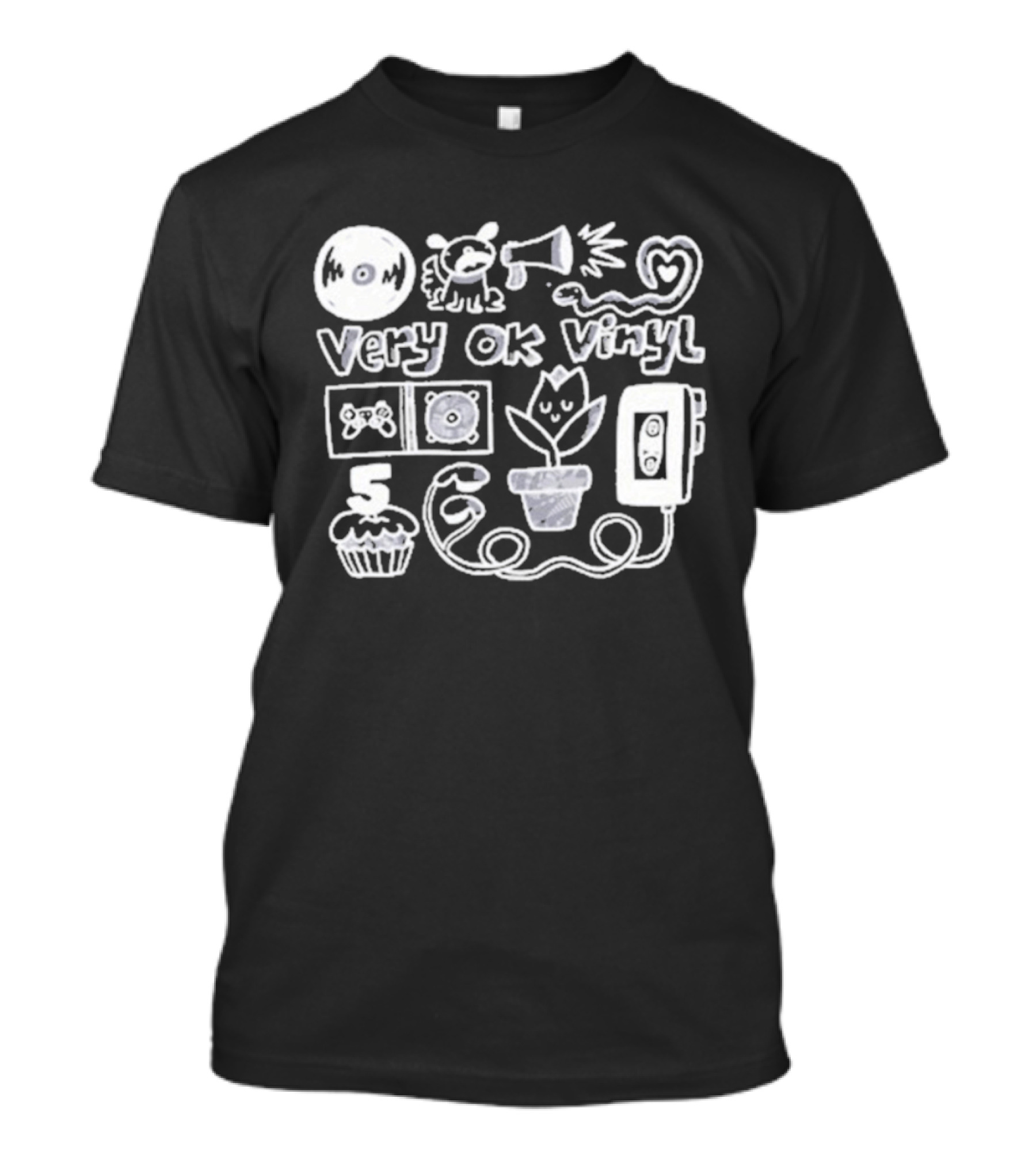 Very Ok Vinyl 5th Anniversary Cupcake Flower Megaphone Heart Cassette Doodle T-Shirt