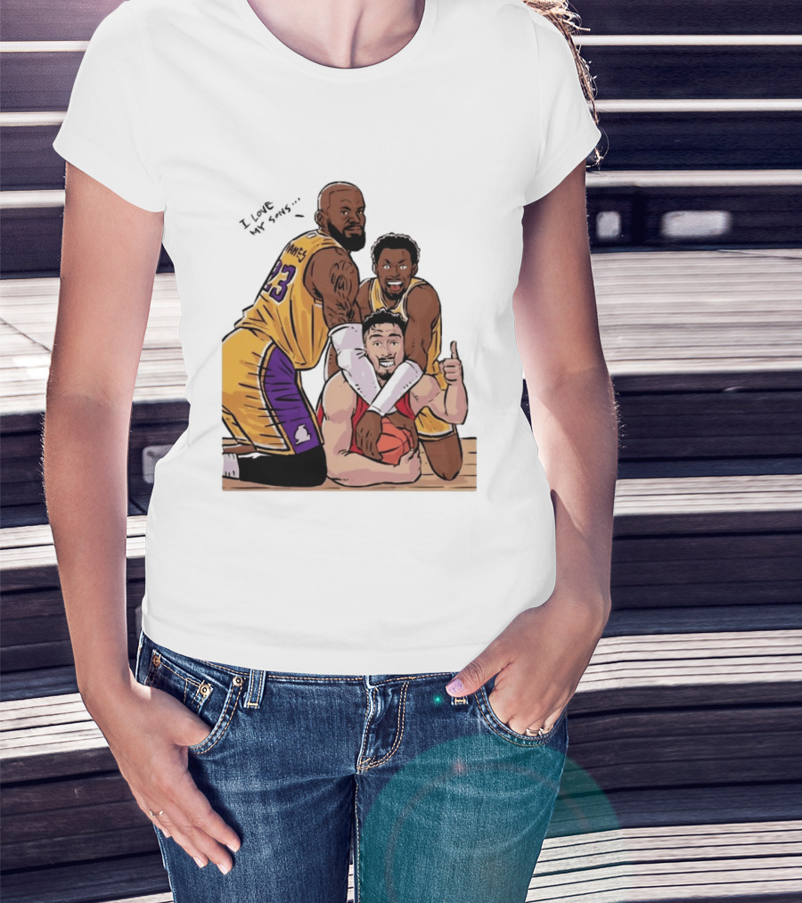Lebron James Lakers Family Bronny Sengun Cartoon Basketball Scene T-Shirt
