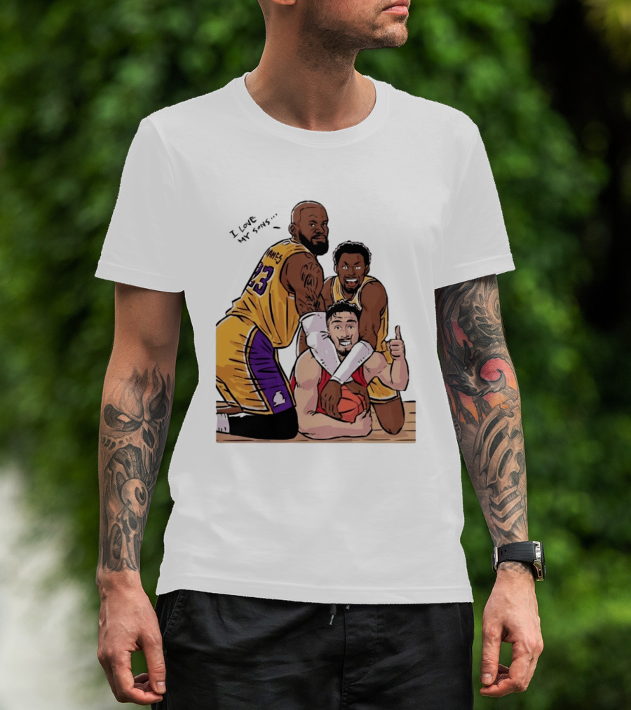 Lebron James Lakers Family Bronny Sengun Cartoon Basketball Scene T-Shirt