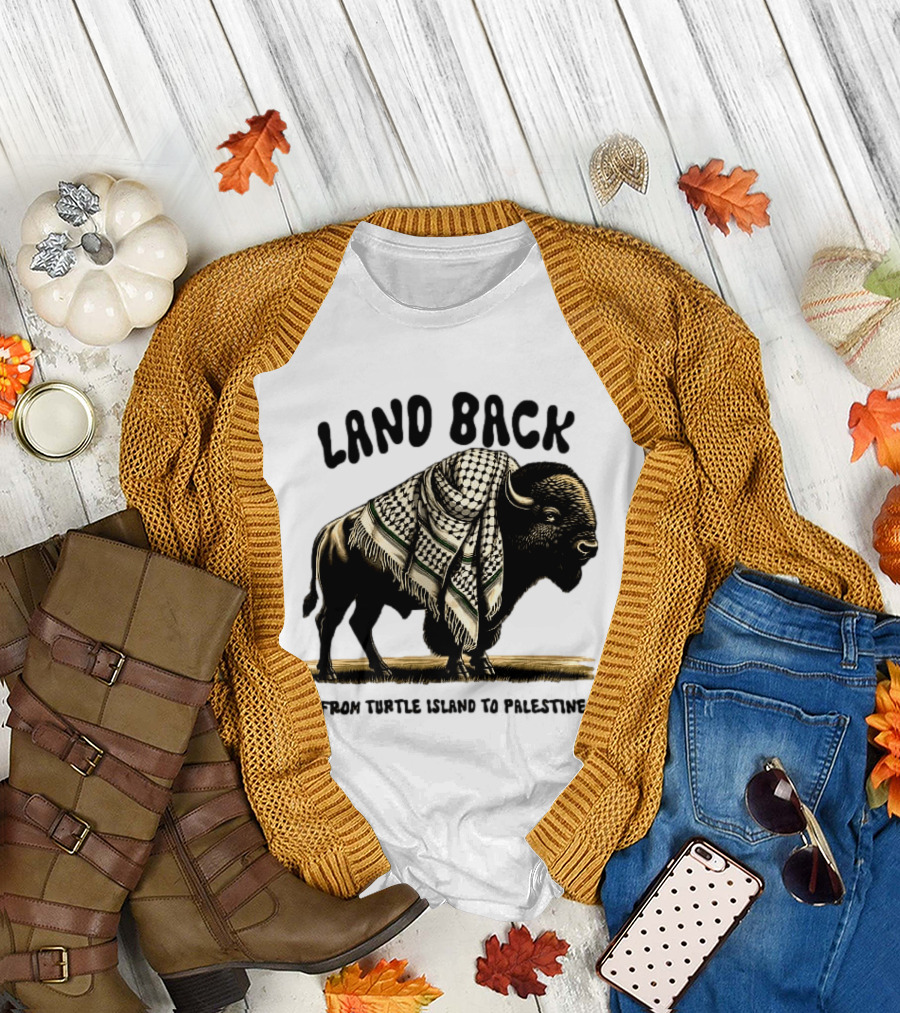 Land Back From Turtle Island To Palestine Buffalo Wrapped in Keffiyeh T-Shirt