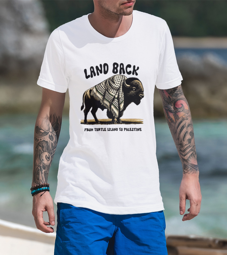 Land Back From Turtle Island To Palestine Buffalo Wrapped In Keffiyeh T-Shirt