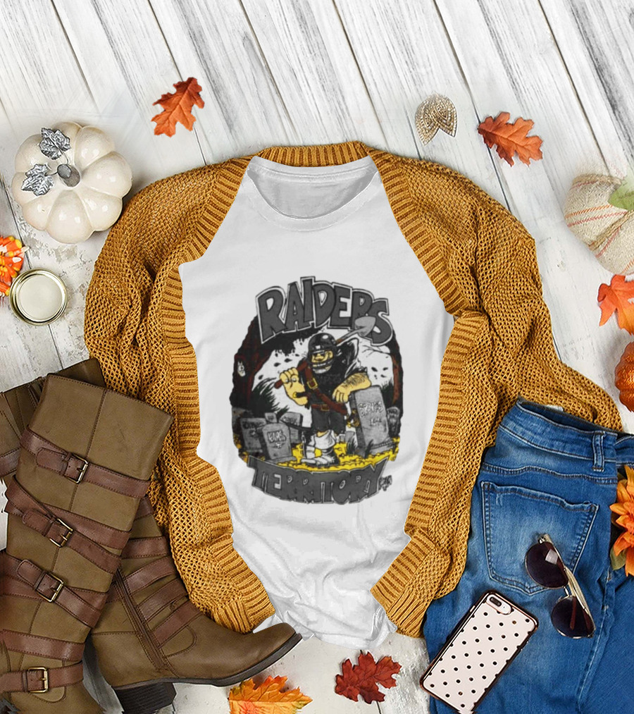 Raiders Territory Cartoon Character with Shovel and Tombstones T-Shirt
