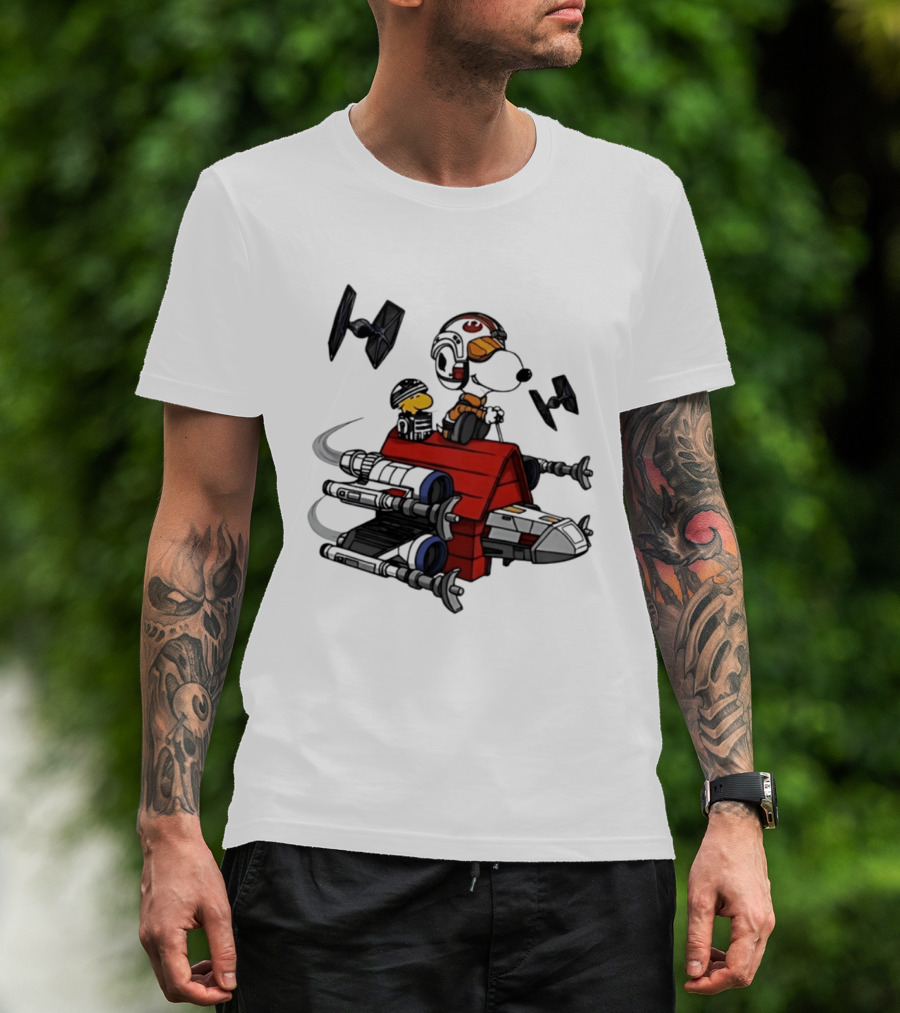 Space Beagle Snoopy Star Wars X Wing Doghouse Woodstock TIE Fighters T-Shirt