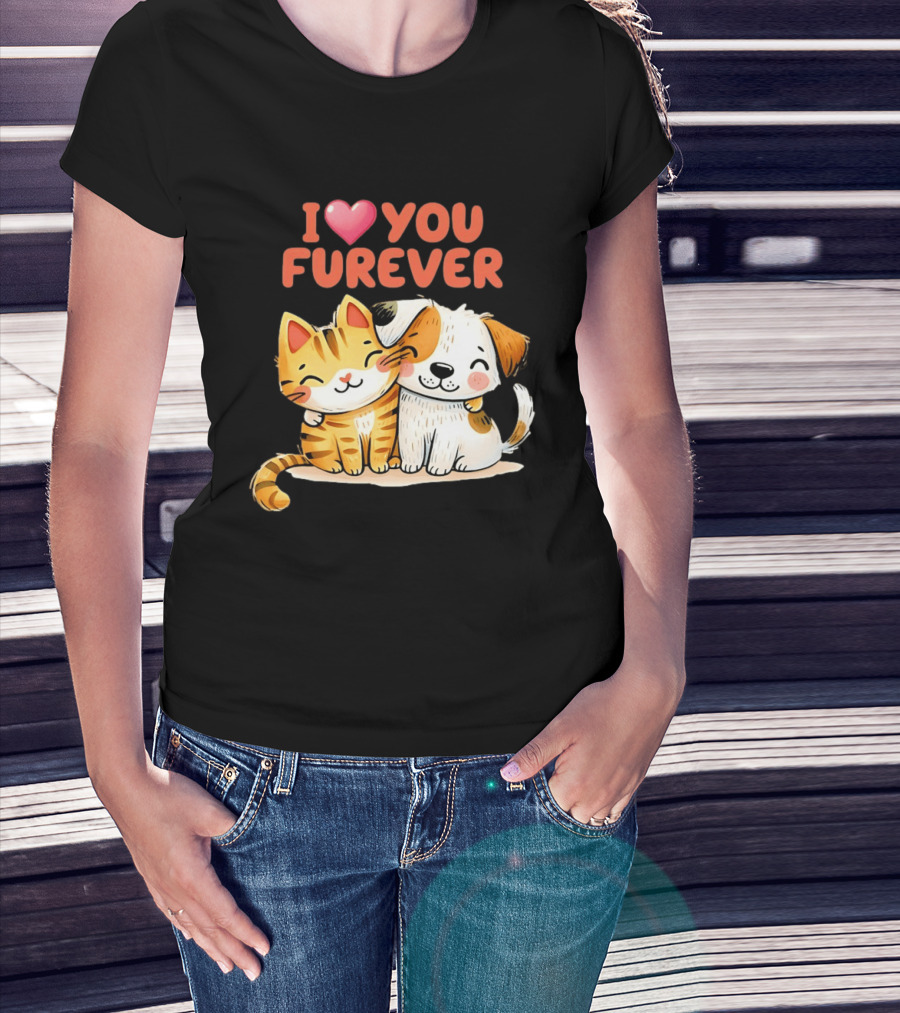 I Love You Furever Cat Hugging Dog T-Shirt