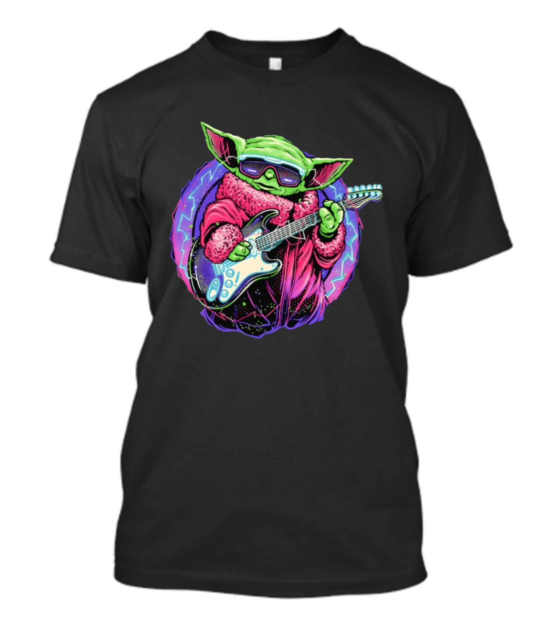 Grogu Electric Galaxy Guitar Blue Neon Lightning T-Shirt