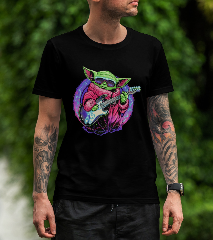 Grogu Electric Galaxy Guitar Blue Neon Lightning T-Shirt
