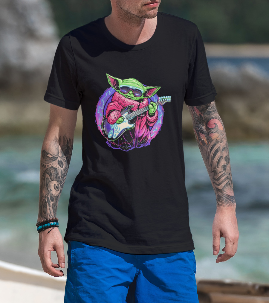 Grogu Electric Galaxy Guitar Blue Neon Lightning T-Shirt