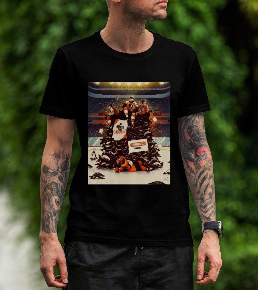 Philadelphia Flyers Ignite The Orange Round 2 Loading Cartoon Hockey Battle T-Shirt