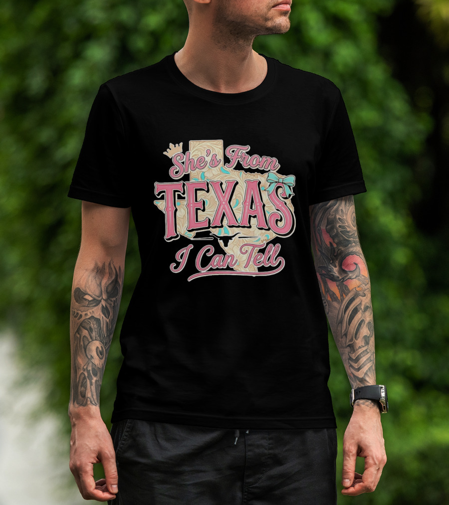 She's From Texas I Can Tell Texas Map Crown Bow T-Shirt