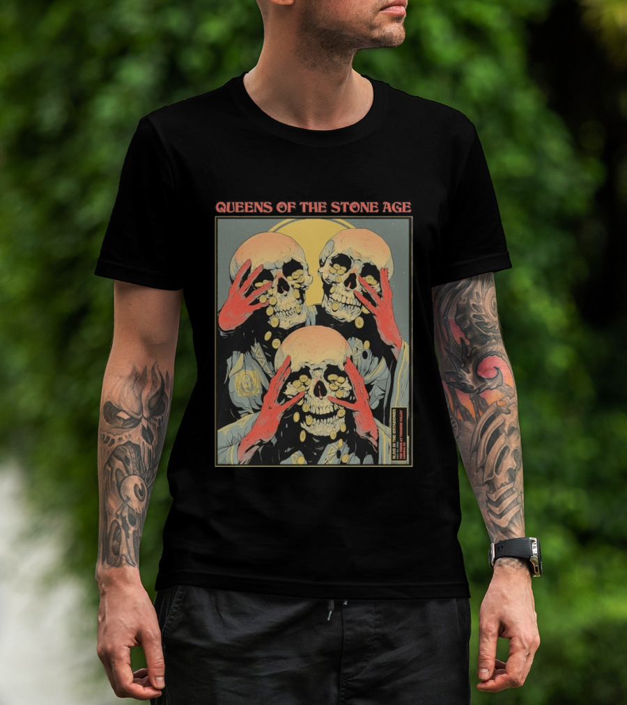 Queens Of The Stone Age Lincoln CA 5.1.2026 Skull Imagery With Coins T-Shirt