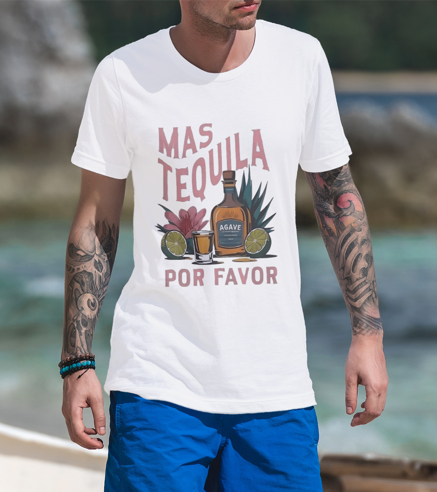 Mas Tequila Por Favor Agave Bottle With Limes And Shot Glass T-Shirt
