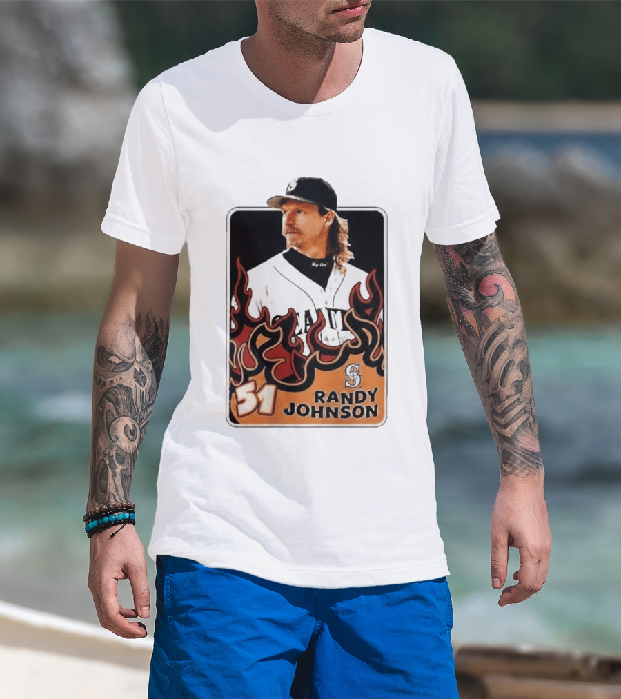 Seattle Mariners Randy Johnson Big Unit 51 MLB Baseball Flames T-Shirt