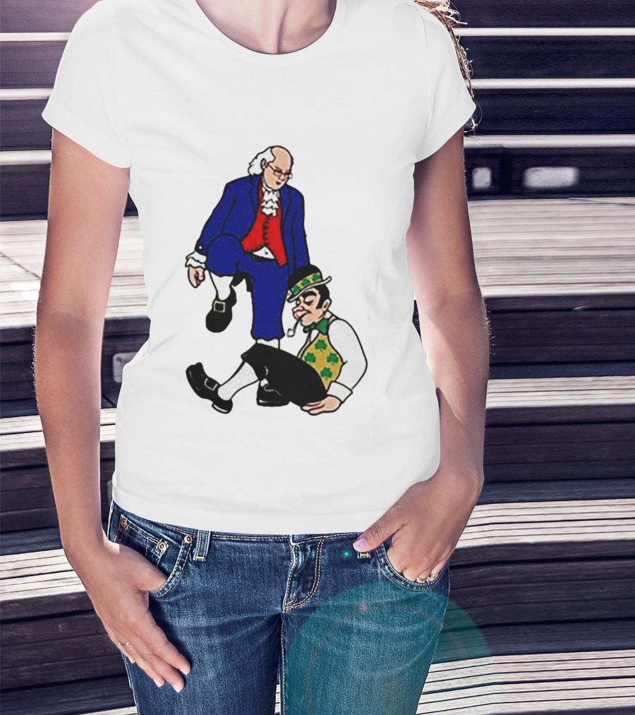 Ben Franklin Stepover Cartoon Colonial Vs Leprechaun T-Shirt