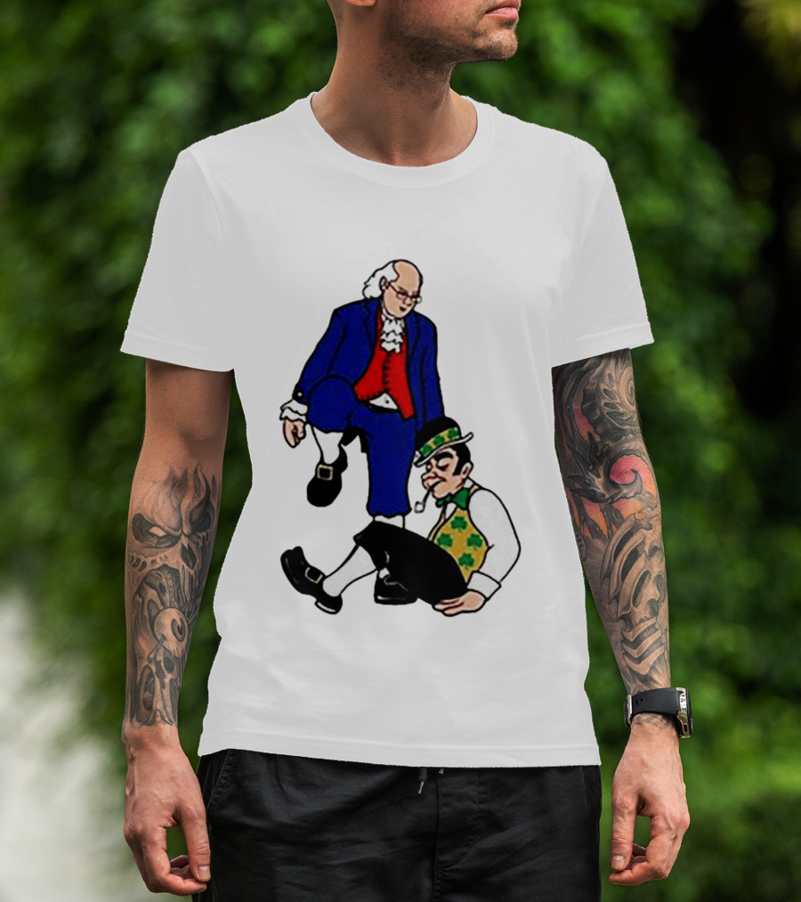 Ben Franklin Stepover Cartoon Colonial Vs Leprechaun T-Shirt