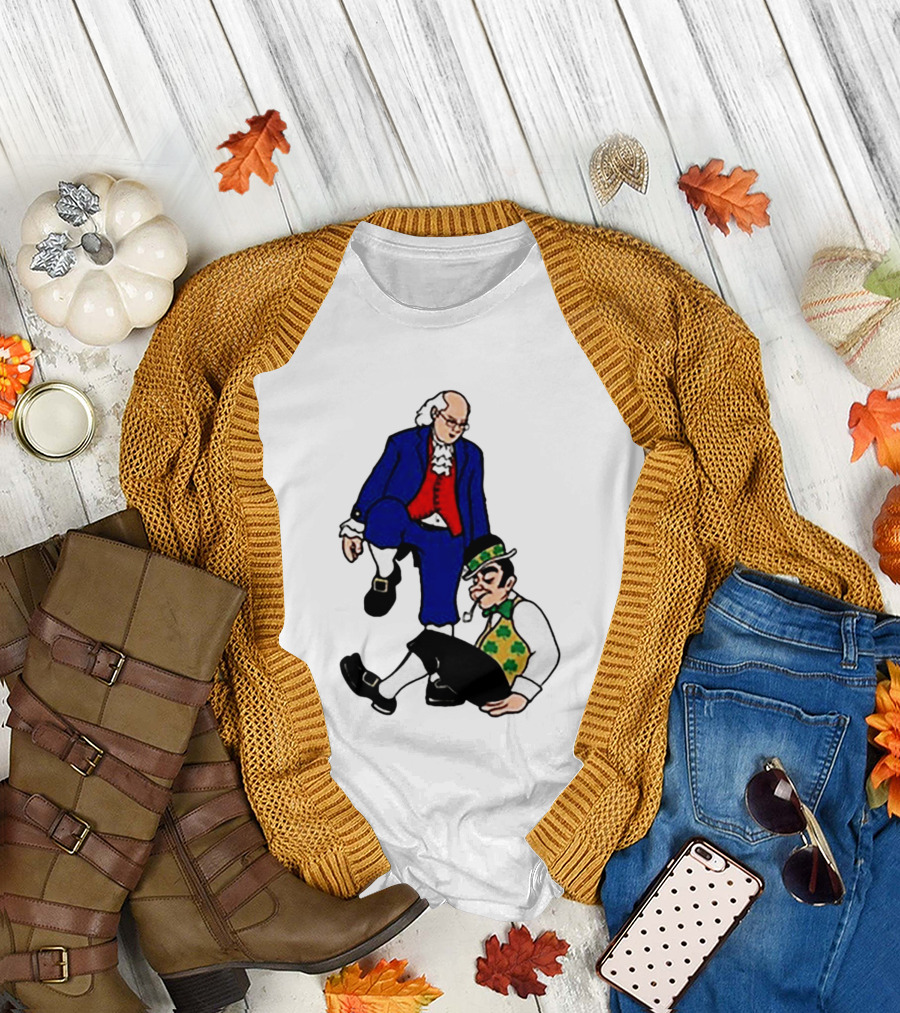 Ben Franklin Stepover Cartoon Colonial vs Leprechaun T-Shirt