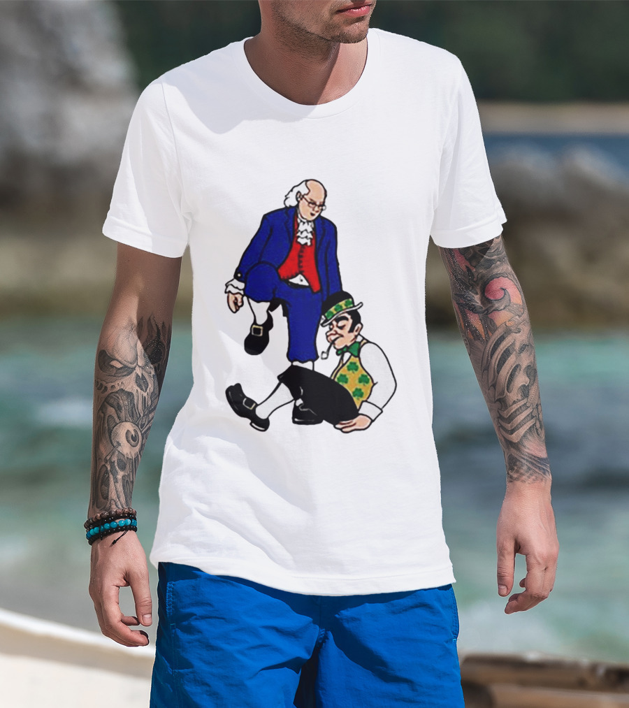 Ben Franklin Stepover Cartoon Colonial Vs Leprechaun T-Shirt