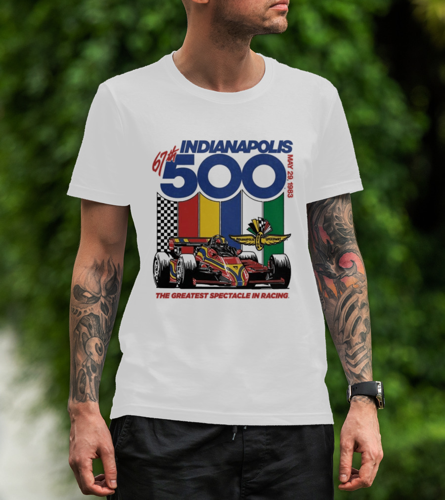 1983 Indianapolis 500 Racing Car With Speedway Wings And American Flag T-Shirt