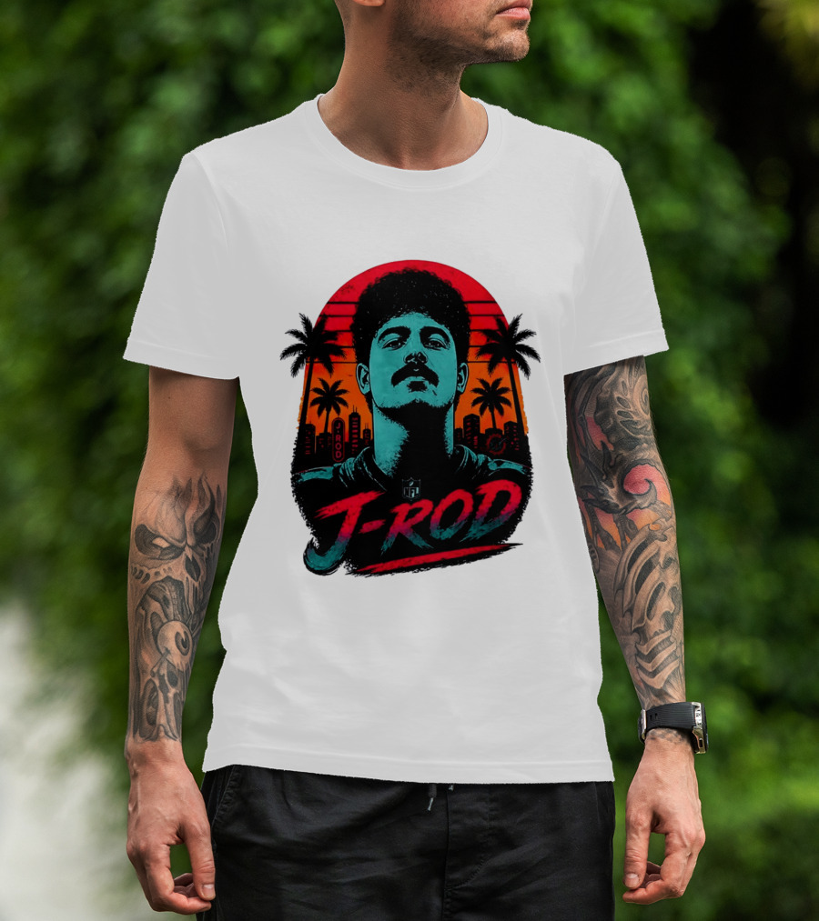 J Rod Retro Sunset Vibes With NFL And Palm Trees T-Shirt