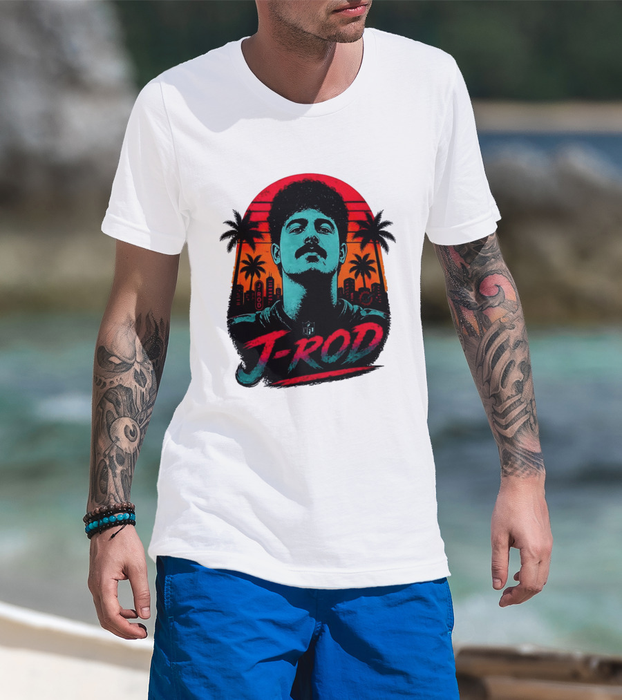 J Rod Retro Sunset Vibes With NFL And Palm Trees T-Shirt