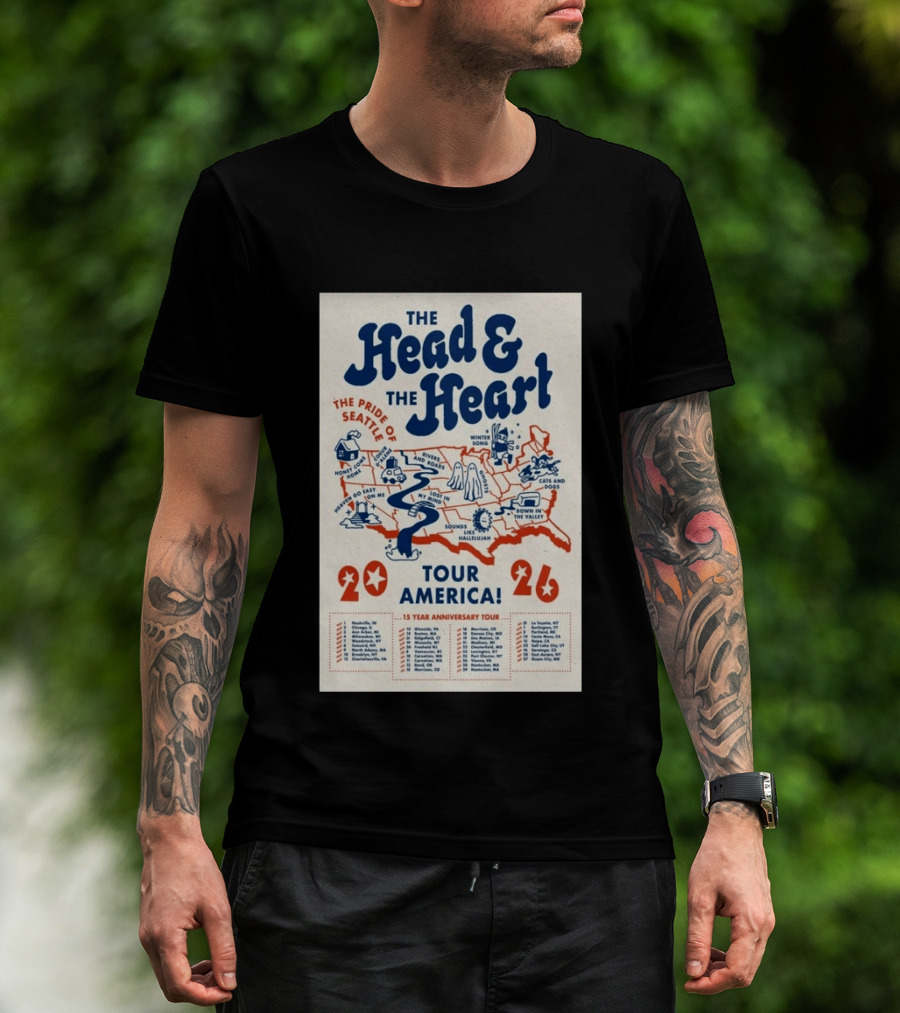 The Head And The Heart Tour America 2026 Pride Of Seattle Map 15 Year Anniversary T-Shirt