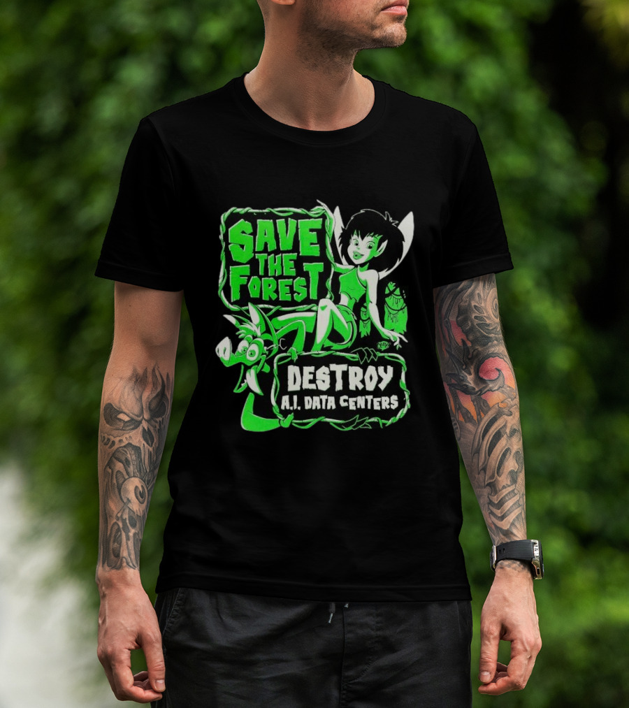 Save The Forest Destroy A.I. Data Centers Cartoon Fairy And Boar T-Shirt