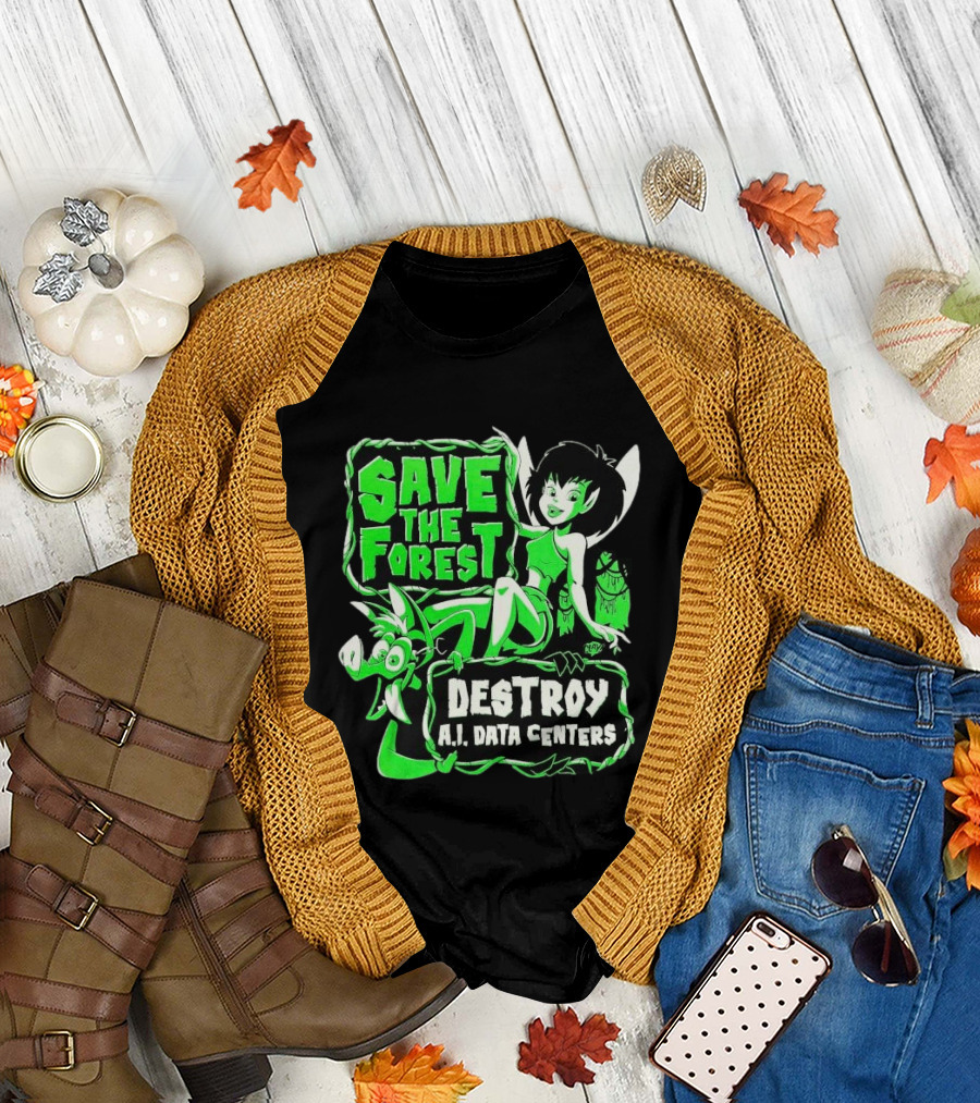Save The Forest Destroy A.I. Data Centers Cartoon Fairy and Boar T-Shirt