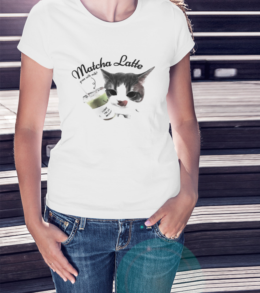 Matcha Latte Coffee Cat Kawaii With Paw And Tail T-Shirt