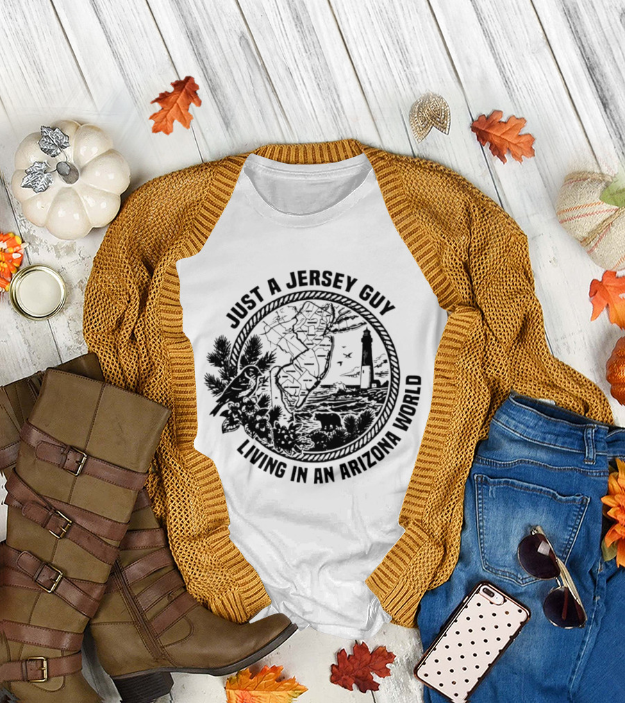 Just a Jersey Guy Living in an Arizona World Historical Lighthouse and State Map T-Shirt