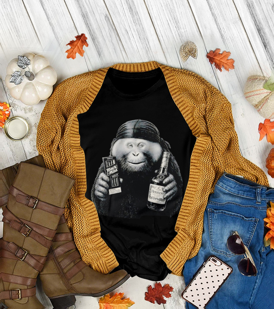 Gorilla Holding Black and Mild with Hennessy Bottle Combination T-Shirt