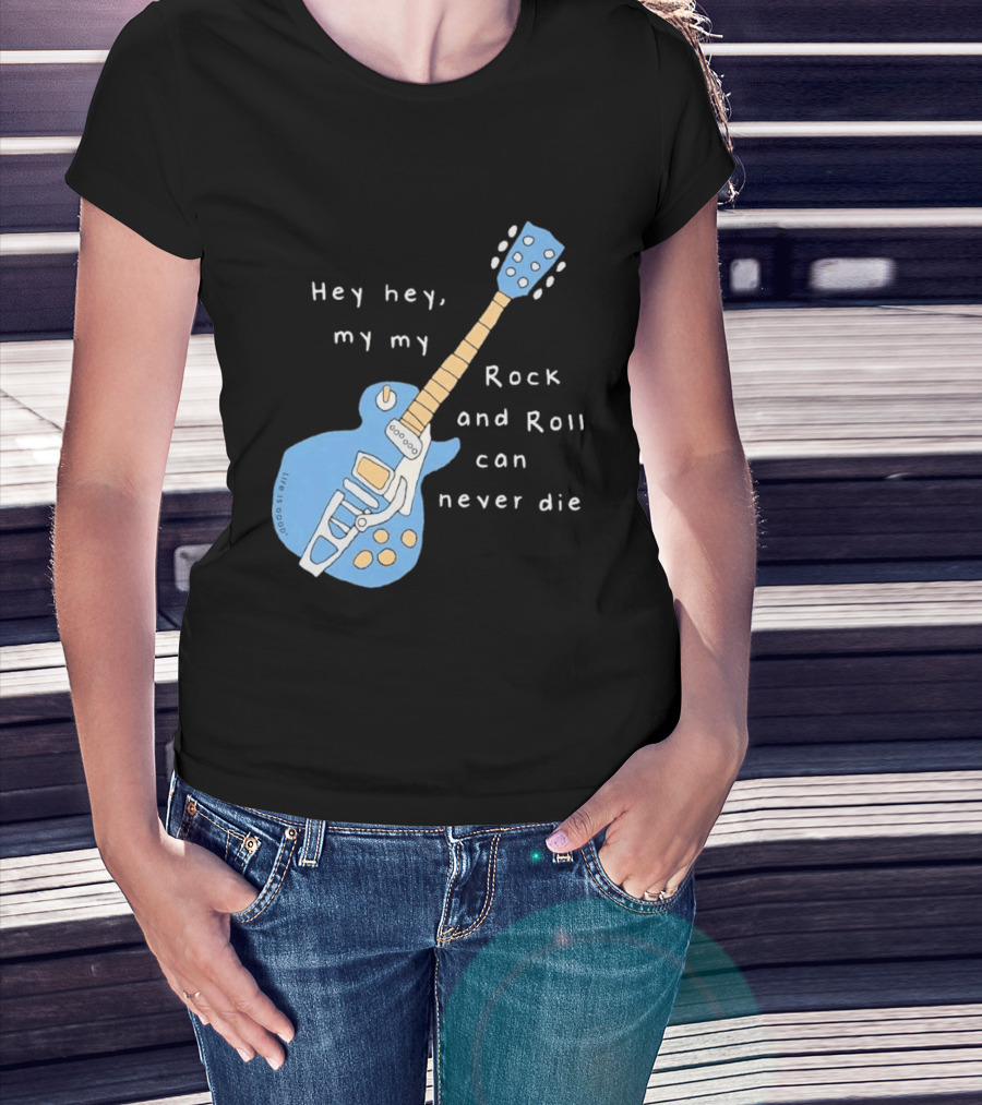 Hey Hey My My Rock And Roll Can Never Die Blue Guitar T-Shirt
