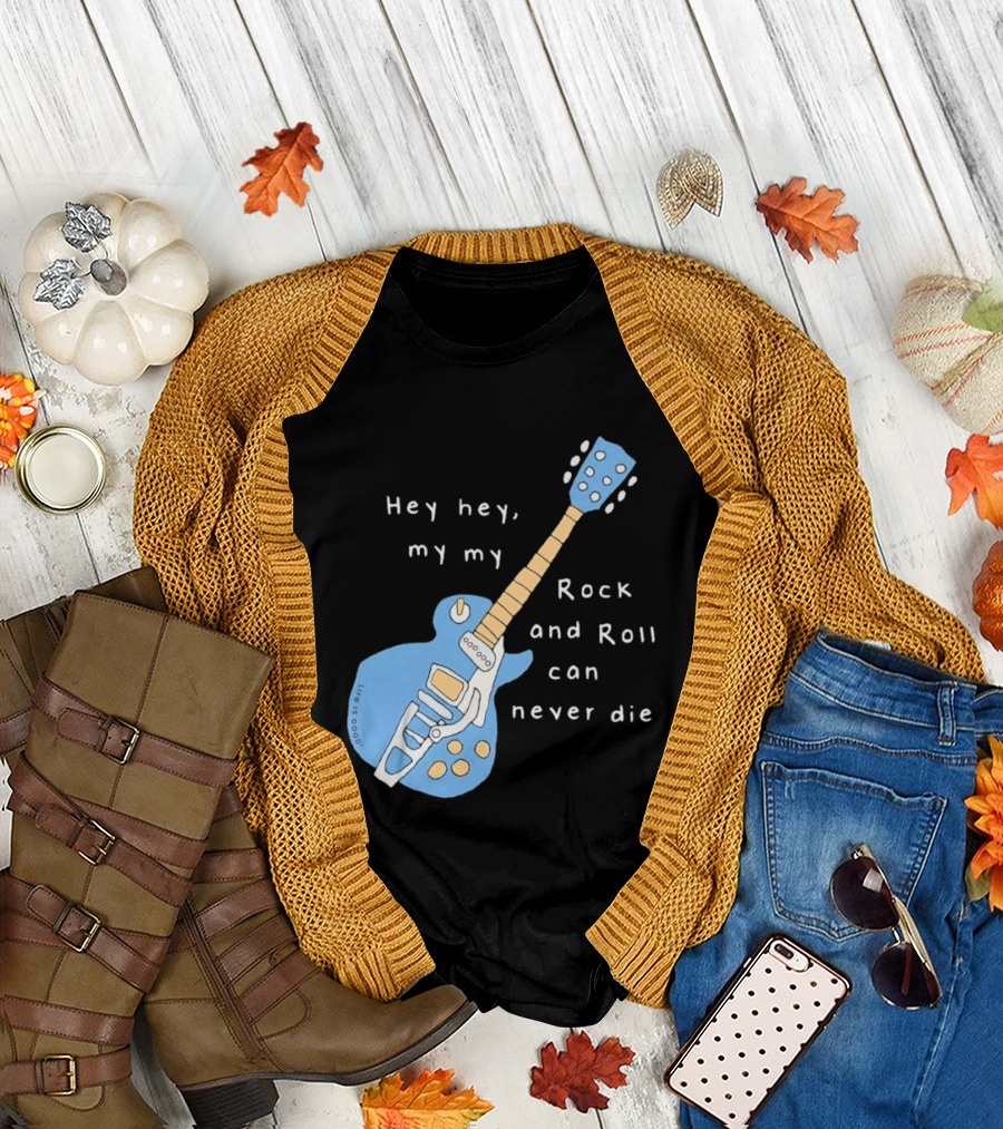 Hey Hey My My Rock and Roll Can Never Die Blue Guitar T-Shirt