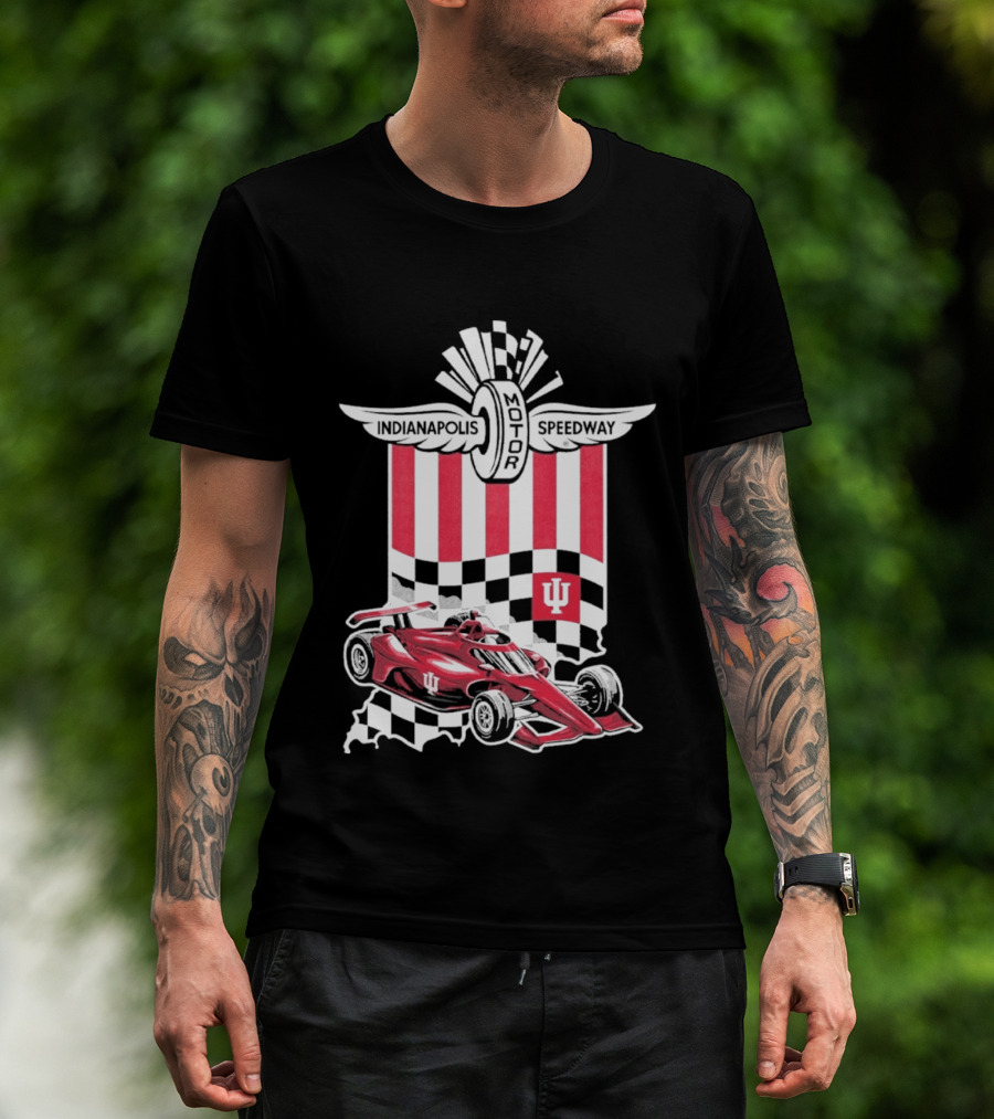 Indiana Hoosiers Red Race Car Indianapolis Motor Speedway Checker Flag T-Shirt