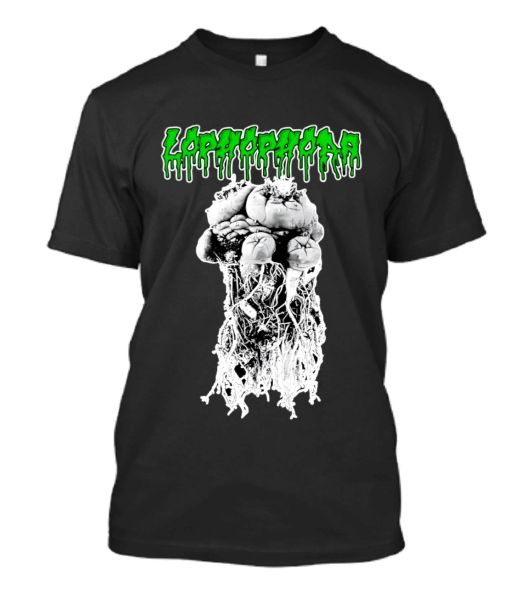 Lophophora Cactus Dripping Text With Detailed Root T-Shirt