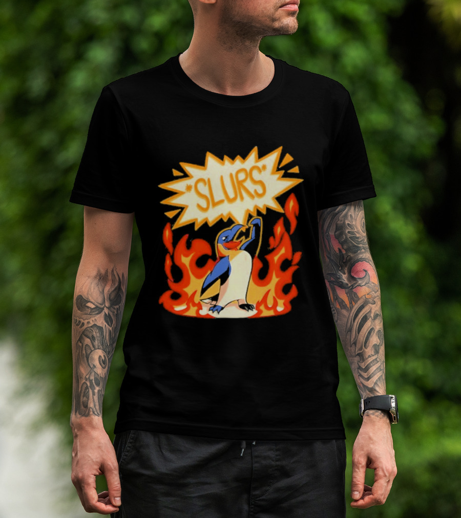 Penguin Slurs Cartoon Flaming Penguin In Fiery Speech Bubble T-Shirt