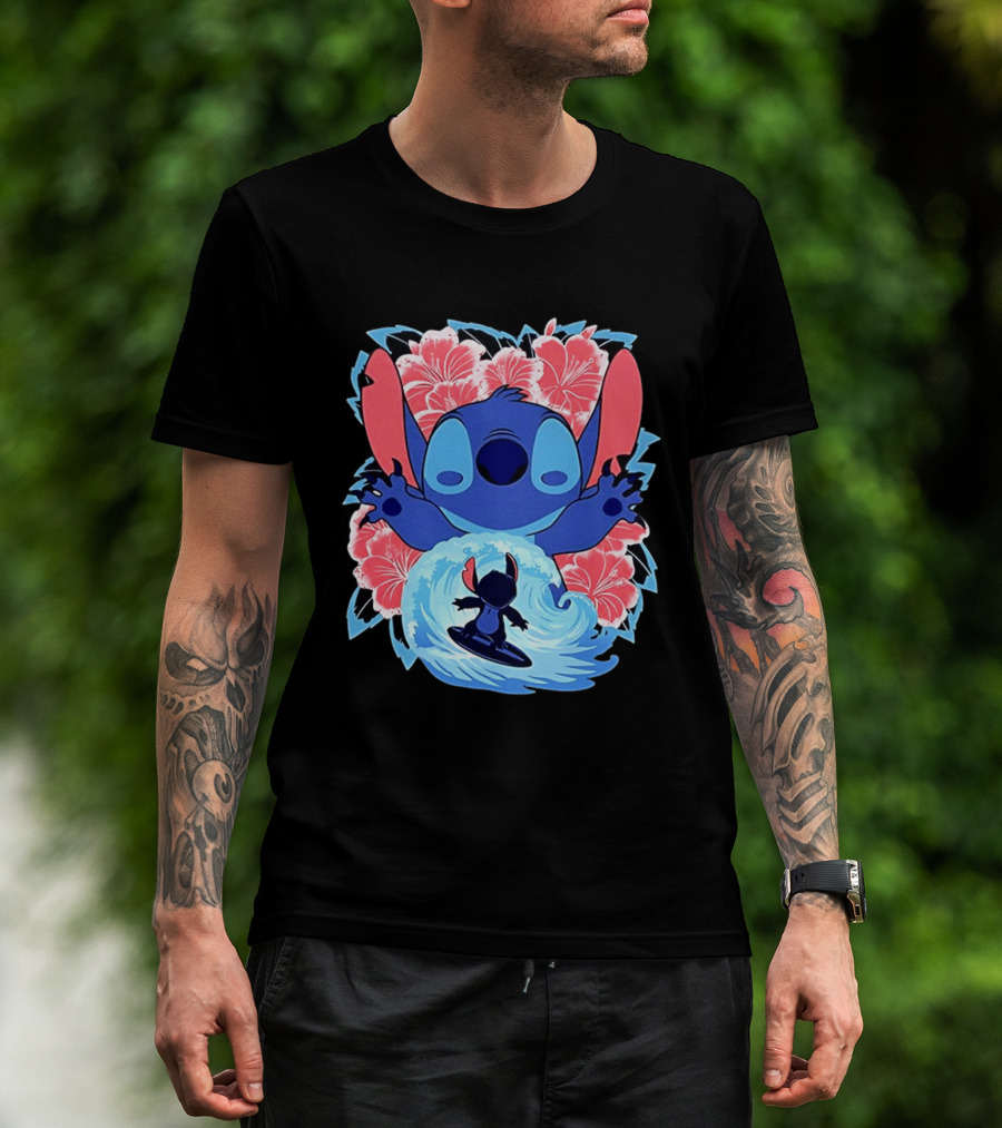 Lilo And Stitch Surfing Tropical Hibiscus Flowers T-Shirt