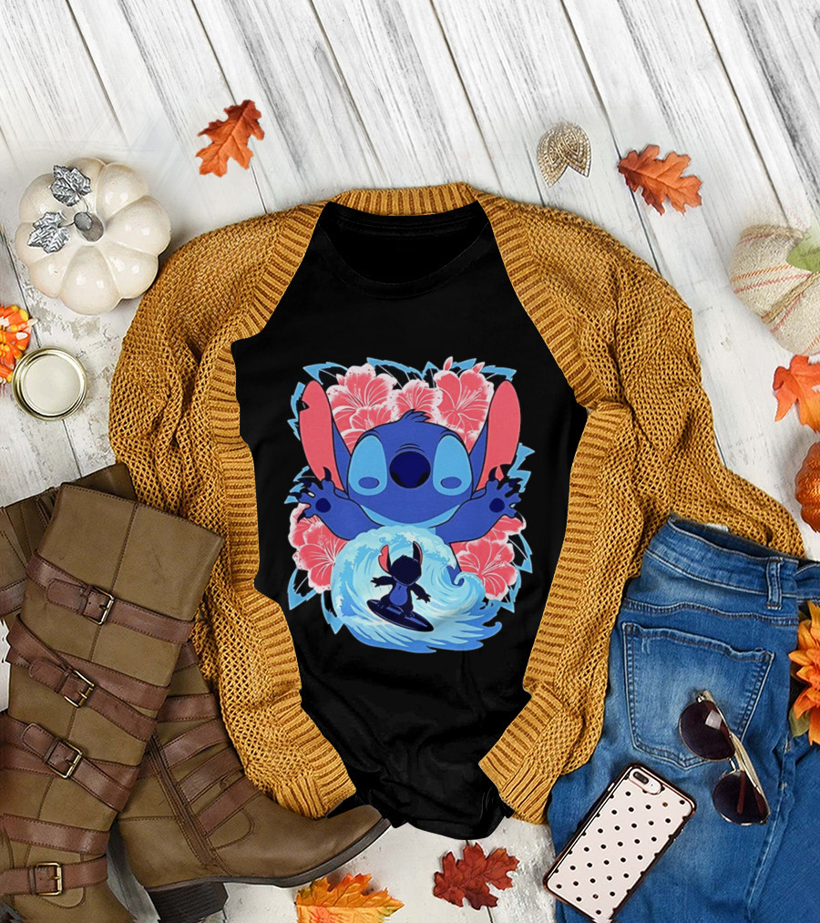Lilo and Stitch Surfing Tropical Hibiscus Flowers T-Shirt