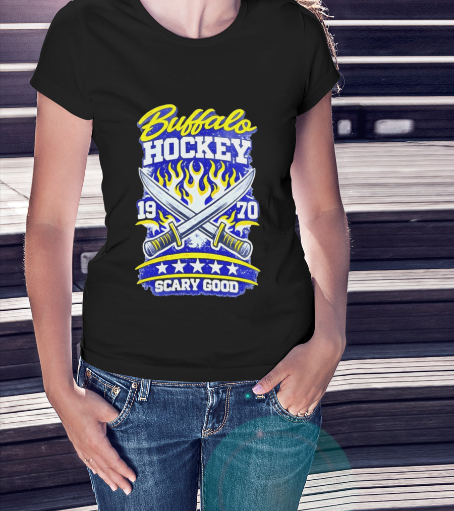 Buffalo Hockey 1970 Scary Good Crossed Swords Flames T-Shirt