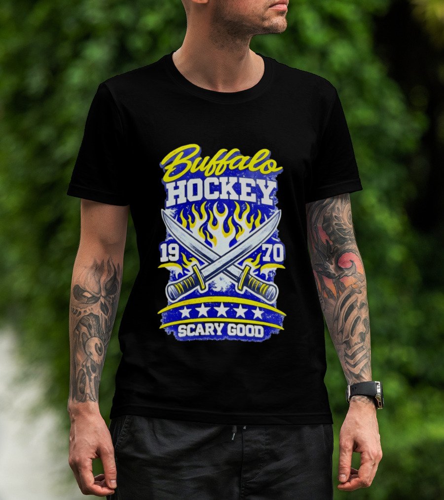 Buffalo Hockey 1970 Scary Good Crossed Swords Flames T-Shirt