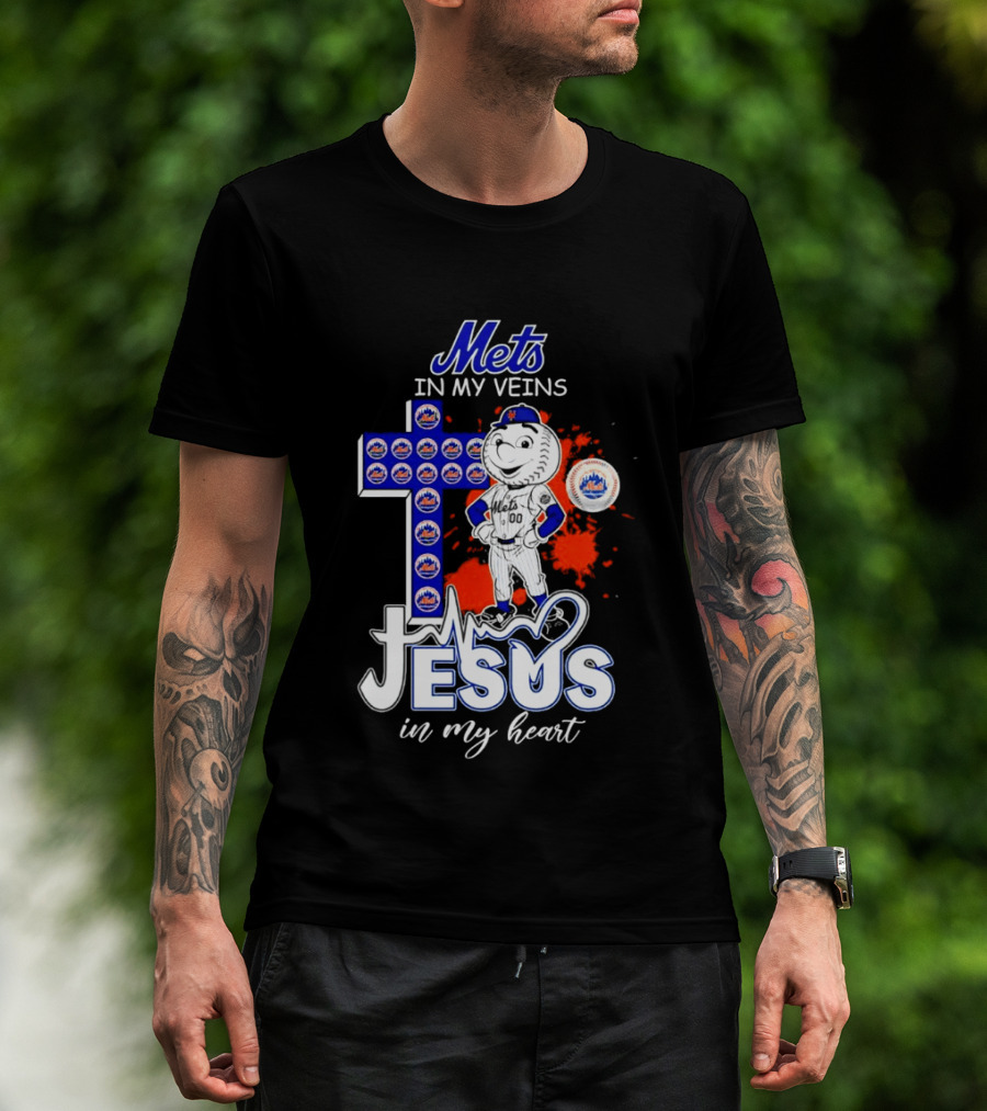 Mets In My Veins Jesus In My Heart Cross And Baseball T-Shirt