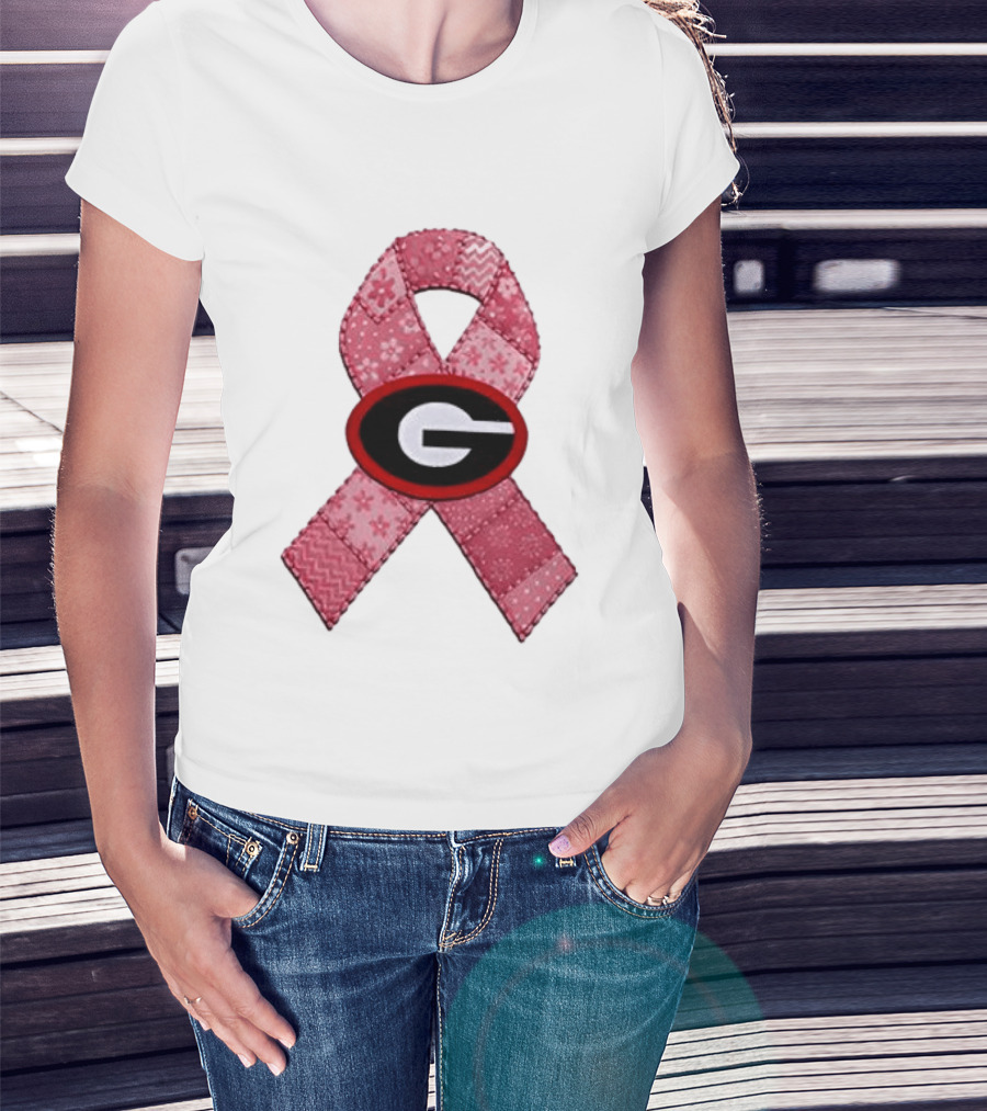 Georgia Bulldogs Patchwork Pink Ribbon Breast Cancer Awareness T-Shirt